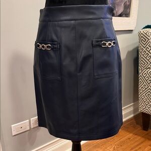 T Tahari Navy faux leather Pencil Skirt with Chain Accents